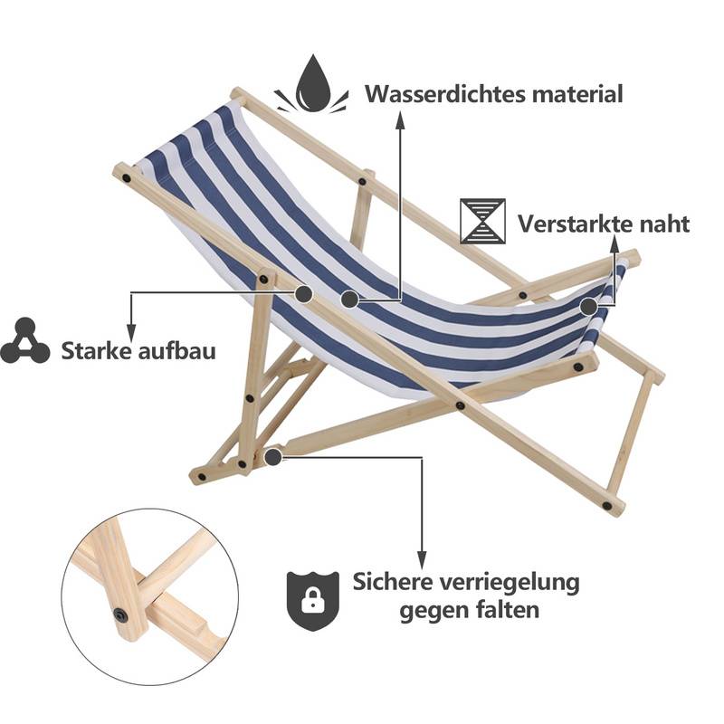 Liegestuhl Strandliegestuhl Holz Klappbar Stuhl Holzliege klappliege Stoff Blau weiß