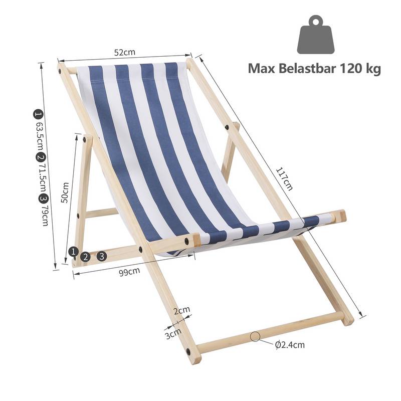 Liegestuhl Strandliege Sonnenliege Gartenliege Holz Liege Holzstrandliege120kg Blau weiß 2 Stück