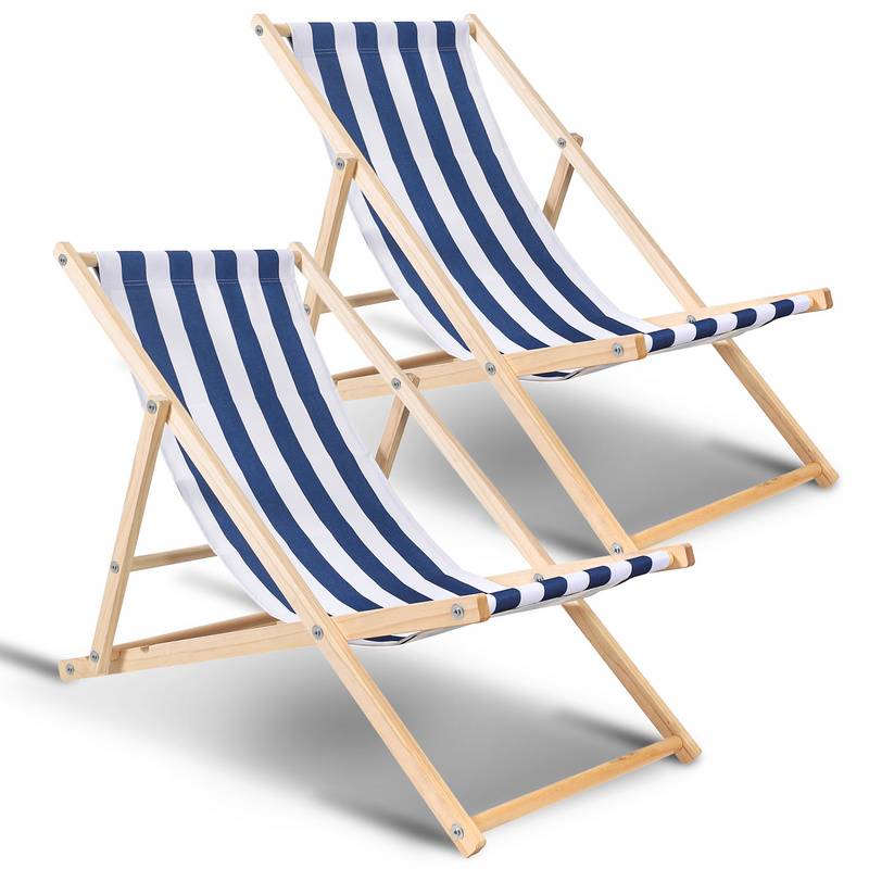 Liegestuhl Strandliege Sonnenliege Gartenliege Holz Liege Holzstrandliege120kg Blau weiß 2 Stück