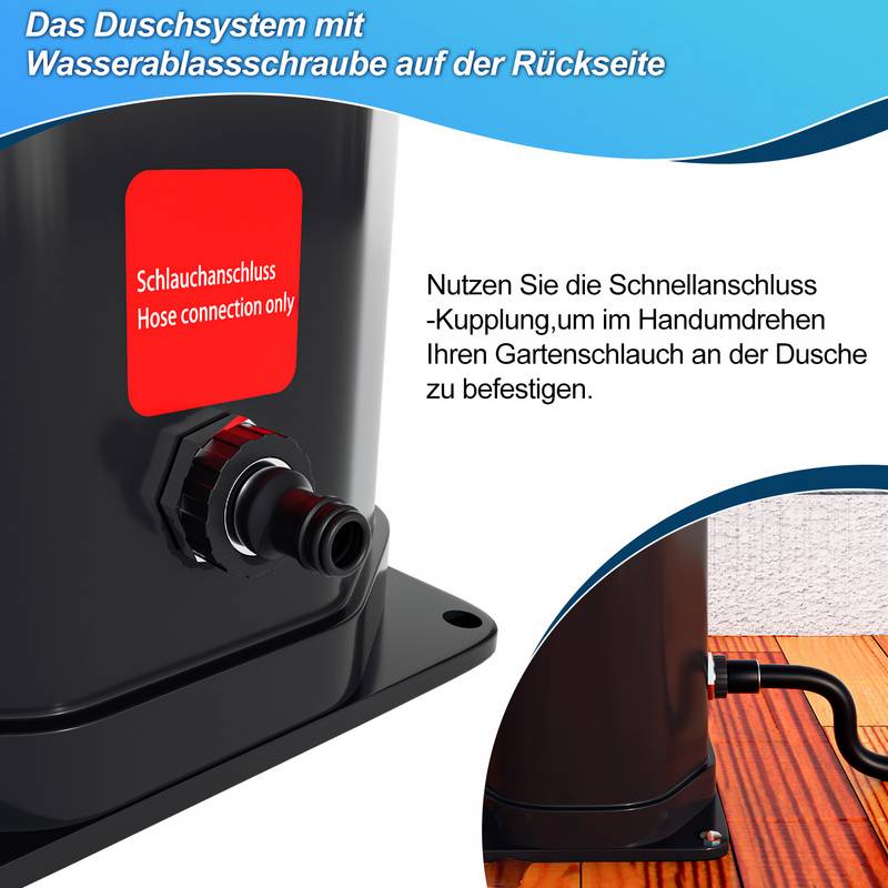Solardusche 20-60 Liter - bis 60°C – mit schwenkbarem Duschkopf, Fußdusche & Gartenschlauch