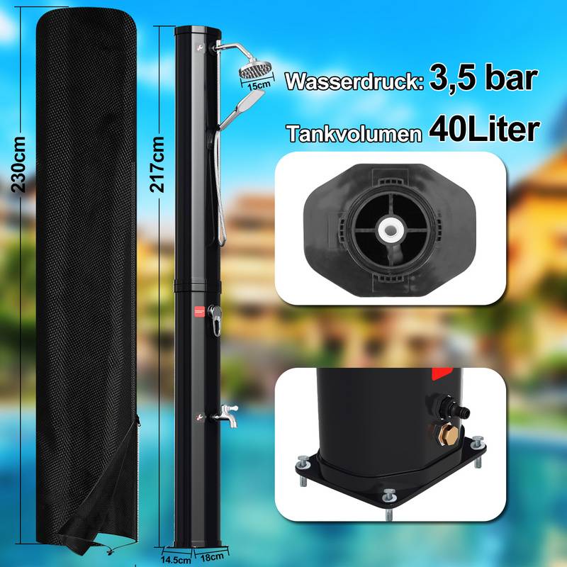 Solardusche Maximaler Druck 3,5 bar schwenkbarer Duschkopf Pooldusche für den Garten bis 60°C Einstellbare Temperatur 40L Mit Handbrause Mit Schutzh