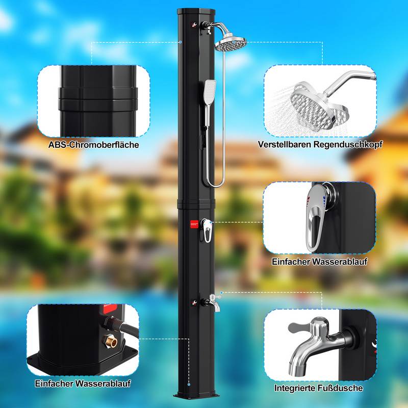 Solardusche bis 60°C Einstellbare Temperatur Campingdusche Gartendusche Außendusche 60L Mit Handbrause Mit Schutzhülle Schwarz