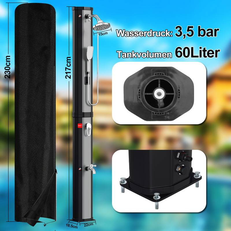 Solardusche Maximaler Druck 3,5 bar Einstellbare Temperatur Pooldusche für den Garten Für Pools, Terrassen und Gärten 60L Mit Handbrause Mit Schutz