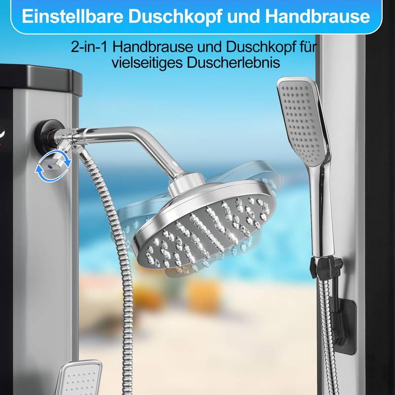 Solardusche 20-60 Liter | schwenkbarem Duschkopf & Fußdusche | Schwarz/Silber | bis 60°C | mit Gartenschlauch