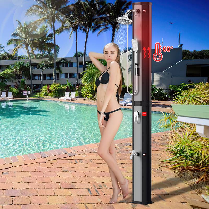Solardusche Heizung Fusspumpe Gartenduschen Pool Pooldusche Gartendusche 60L (mit Schutzabdeckung、mit Handbrause、Silber)