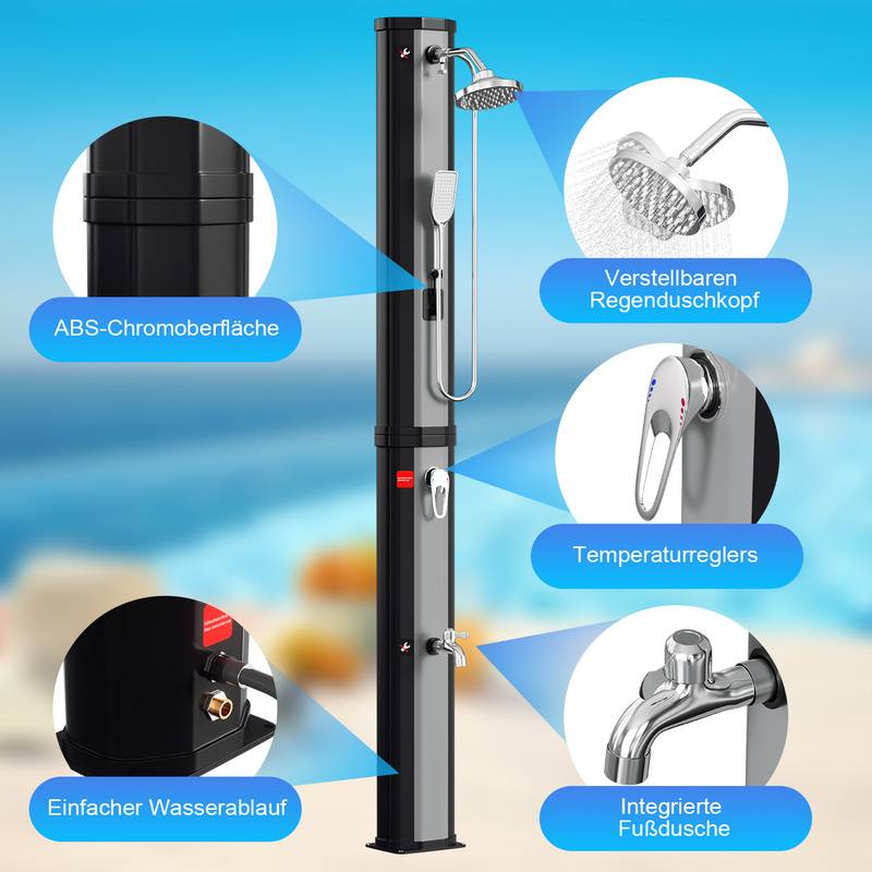 Solardusche bis 60°C Einstellbare Temperatur Campingdusche Gartendusche Außendusche 60L Mit Handbrause Mit Schutzhülle Silber