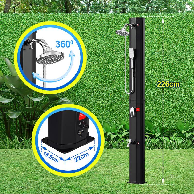 Solardusche 20-60 Liter | schwenkbarem Duschkopf & Fußdusche | Schwarz/Silber | bis 60°C | mit Gartenschlauch