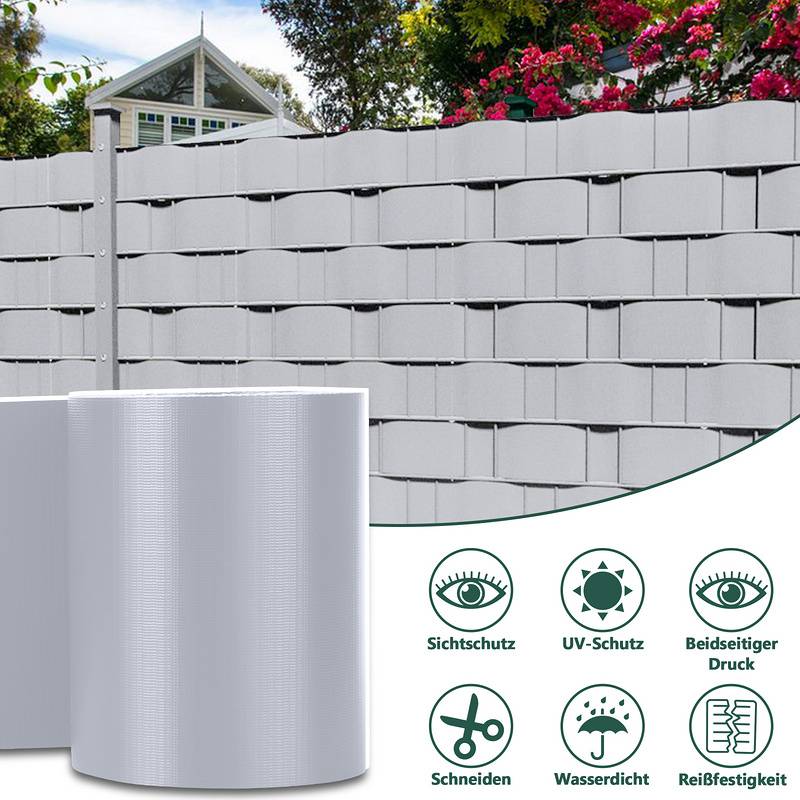 Sichtschutzstreifen Verschiedene Doppelstabmatten PVC Zaun Folie Gartenzaun Reflexionsarm mit Clips 4 Rollen á 70m x 19cm Grau