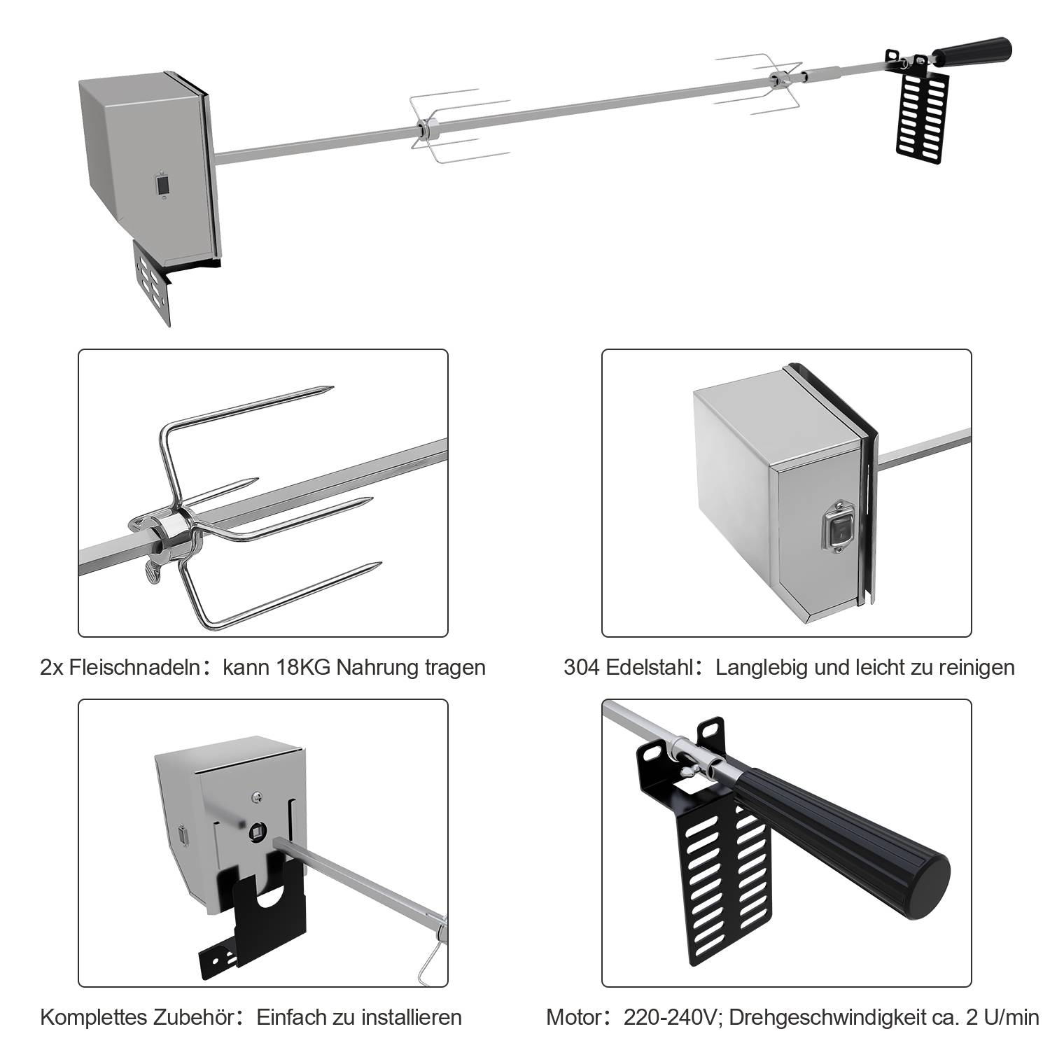 Edelstahl Grillspieß Set 107cm BBQ Fleischklammer mit Motor inkl. 2X Fleischnadeln, Elektrischer Drehspieß, 220V - 240V, Rotisserie, Drehspiess