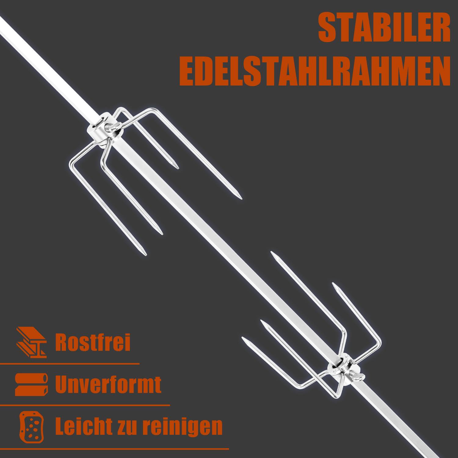 Edelstahl Grillspieß Set 117cm BBQ Fleischklammer mit Motor inkl. 4X Fleischnadeln, Elektrischer Drehspieß, 220V - 240V, Rotisserie, Drehspiess