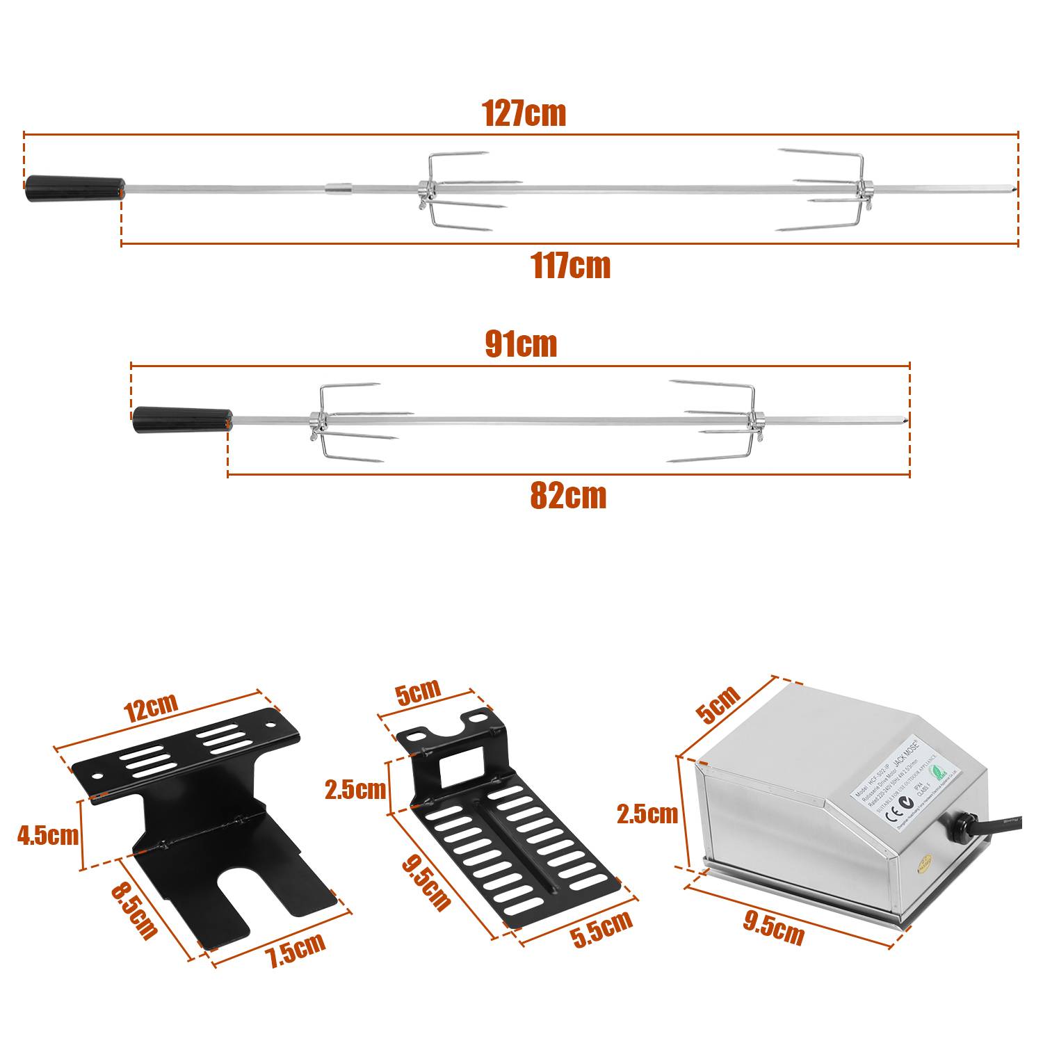 Edelstahl Grillspieß Set 117cm BBQ Fleischklammer mit Motor inkl. 4X Fleischnadeln, Elektrischer Drehspieß, 220V - 240V, Rotisserie, Drehspiess