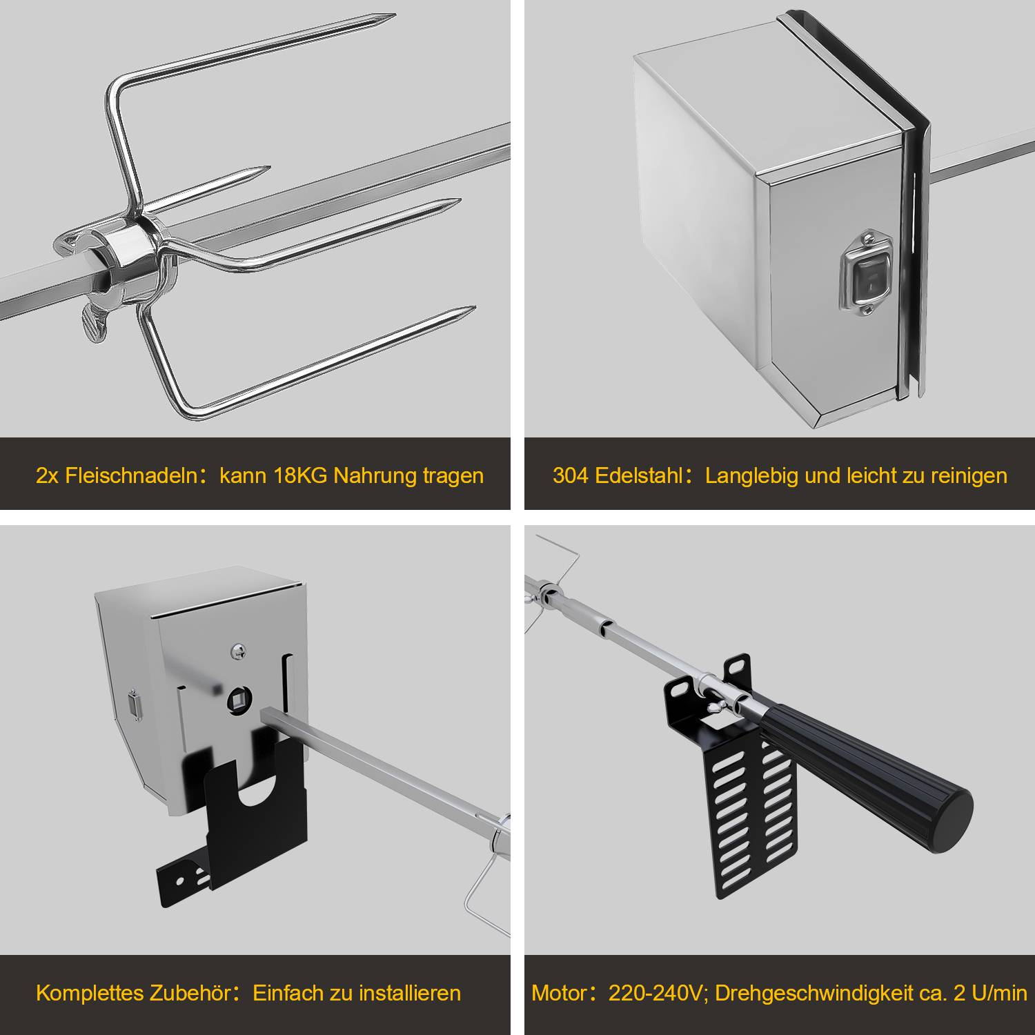 107cm Grillspieß Set Inkl. 2X Fleischnadeln und Edelstahl Motor 220V Drehspieß Rotisserie Elektrischer Drehspiess Universal Grillspiess 304 Edelstah