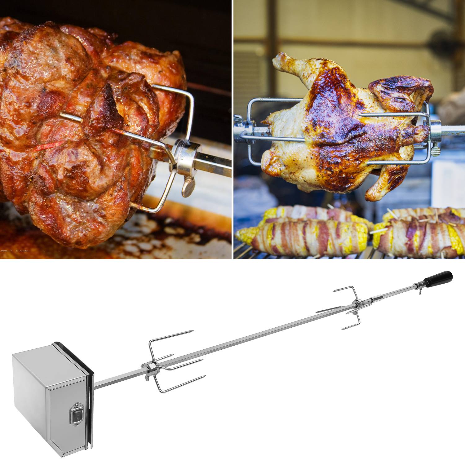 107cm Grillspieß Set Inkl. 2X Fleischnadeln und Edelstahl Motor 220V Drehspieß Rotisserie Elektrischer Drehspiess Universal Grillspiess 304 Edelstah