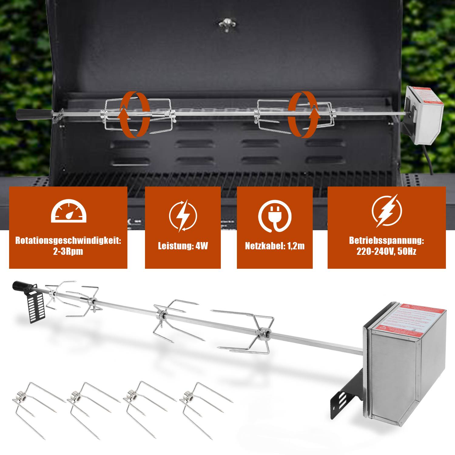 Edelstahl Grillspieß Set 117cm mit Motor inkl. Fleischnadeln Elektrischer Drehspieß, Elektrisch Grillbräter, Grillrost mit 4 Fleischgabel, (220V