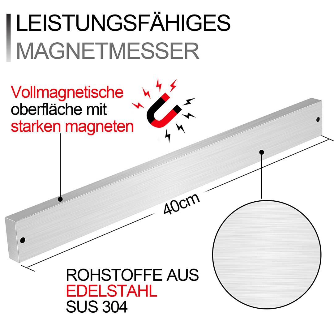 Produktgrafik eines 40-cm-Magnetstabs mit der Beschriftung „Leistungsfähiges Magnetmesser", der starke Magnete, eine vollständige Magnetoberfläche und eine Konstruktion aus Edelstahl SUS 304 zeigt.