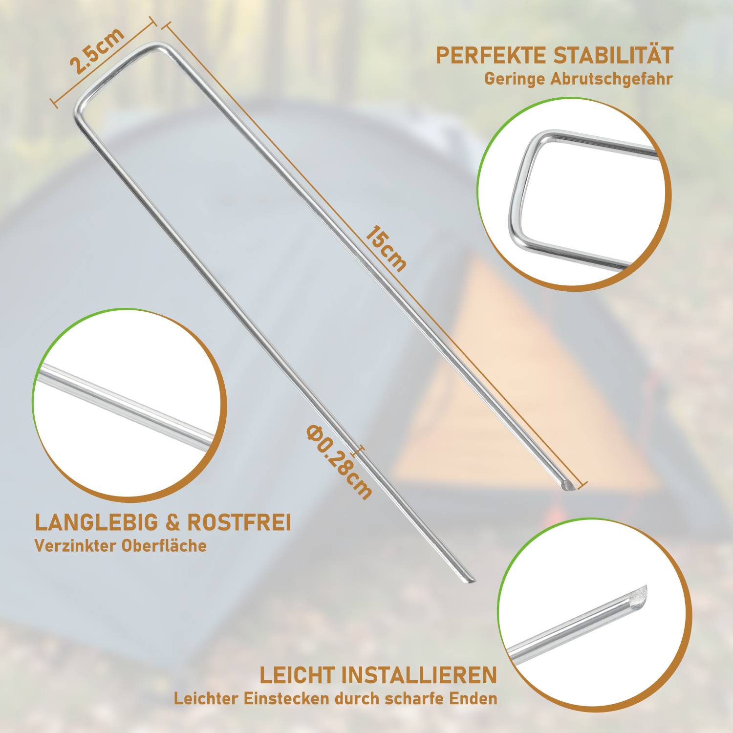 200x Erdanker 15cmx2,5cm Ø 2,8mm, Zeltheringe, Heringe, Befestigungsanker für Gartenvlies Unkrautvlies, Verzinkter Stahl