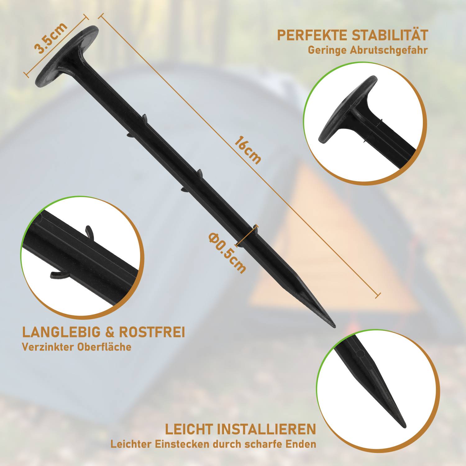 200x Erdanker, Länge: 16cm, Ø 5mm, Nagelkopfdurchmesse Ø 3,5 cm, Zeltheringe, Heringe, Befestigungsanker für Gartenvlies Unkrautvlies, Plastik