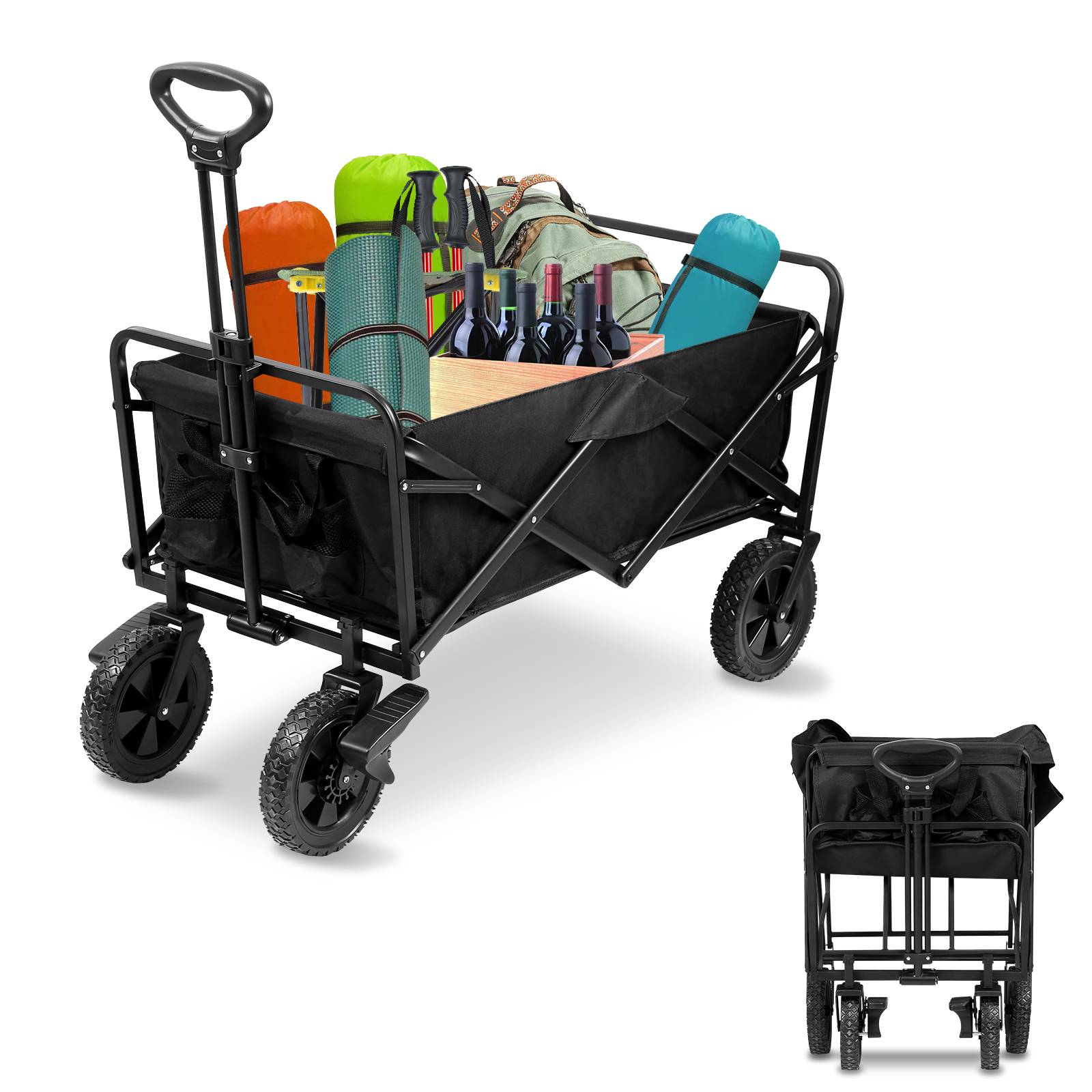 Bollerwagen Faltbar Handwagen Klappbar Gerätewagen Gartenwagen Transportwagen Strandwagen mit Teleskopgriff Schwarz