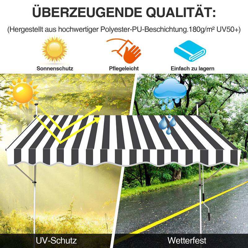 Klemmmarkise Markise ohne Bohren Höhenverstellbare Balkonmarkise Sonnenmarkise Balkon 250cm Weiß Grau