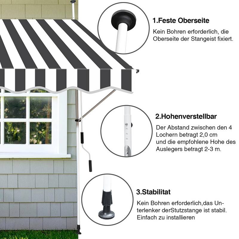 Markise Klemmmarkise Balkonmarkise ohne Bohren-höhenverstellbar Sonnenmarkise UV-beständig & wasserabweisend 350cm Weiß Grau