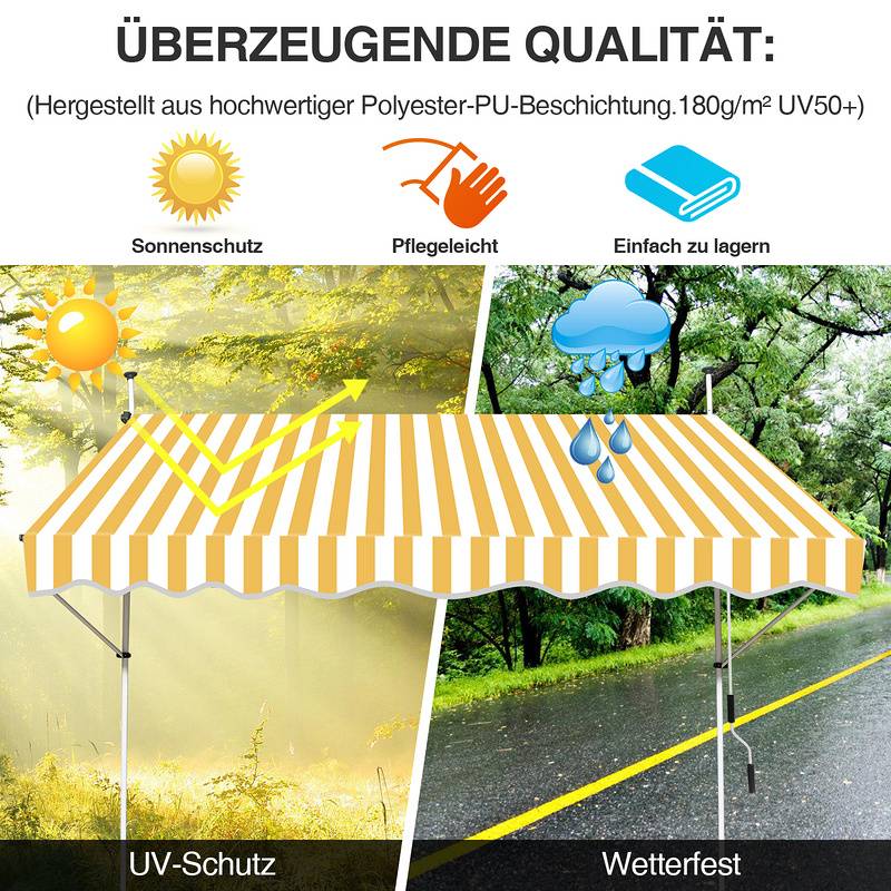 Markise ohne Bohren Klemmmarkise Balkonmarkise für Terrasse Balkon 250cm Weiß Gelb
