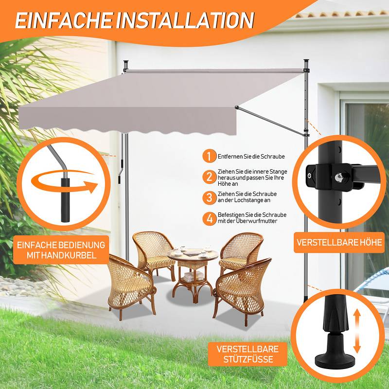 Klemmmarkise 400x120cm Markise Höhenverstellbare Balkonmarkise mit Handkurbel Sonnenschutz ohne Bohren für Terrasse und Balkon Beige