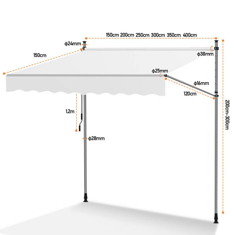 Markise Klemmmarkise Balkonmarkise ohne Bohren-höhenverstellbar Sonnenmarkise UV-beständig & wasserabweisend 350cm Creme