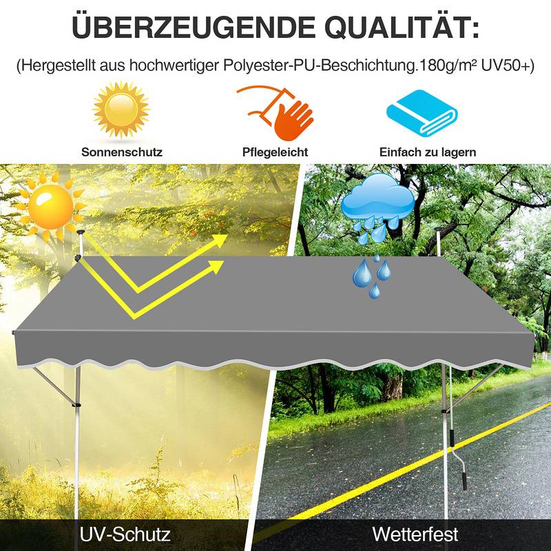 Markise Klemmmarkise Balkonmarkise ohne Bohren-höhenverstellbar Sonnenmarkise UV-beständig & wasserabweisend 400cm Grau