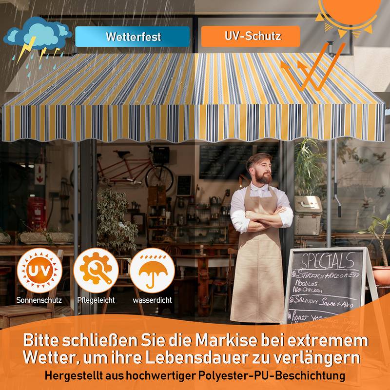Markise Handkurbel Klemmmarkise Sonnenschutz Fenstermarkise Sonnenmarkise Einziehbare Wasserabweisend Markisen Gelb und Blau 3.5M