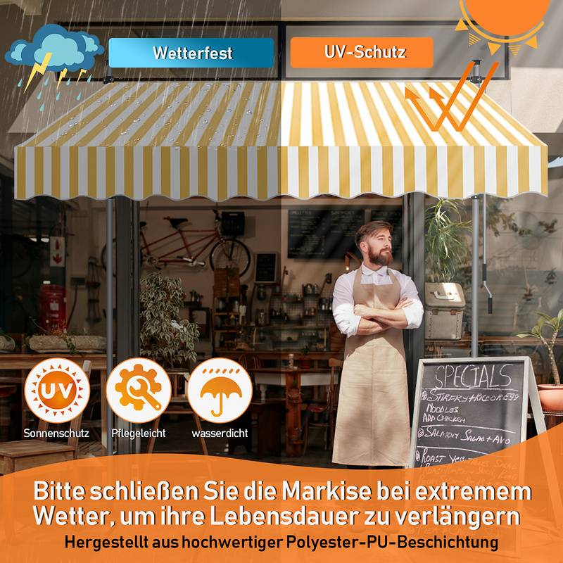 Klemmmarkise 250x120cm Markise Höhenverstellbare Balkonmarkise mit Handkurbel Sonnenschutz ohne Bohren für Terrasse und Balkon Gelb Weiß