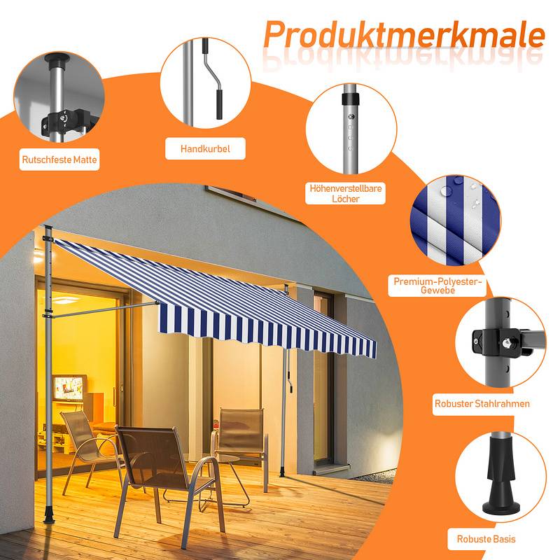 Markise Handkurbel Klemmmarkise Sonnenschutz Fenstermarkise Sonnenmarkise Einziehbare Wasserabweisend Markisen Blau und Weiß 3.5M