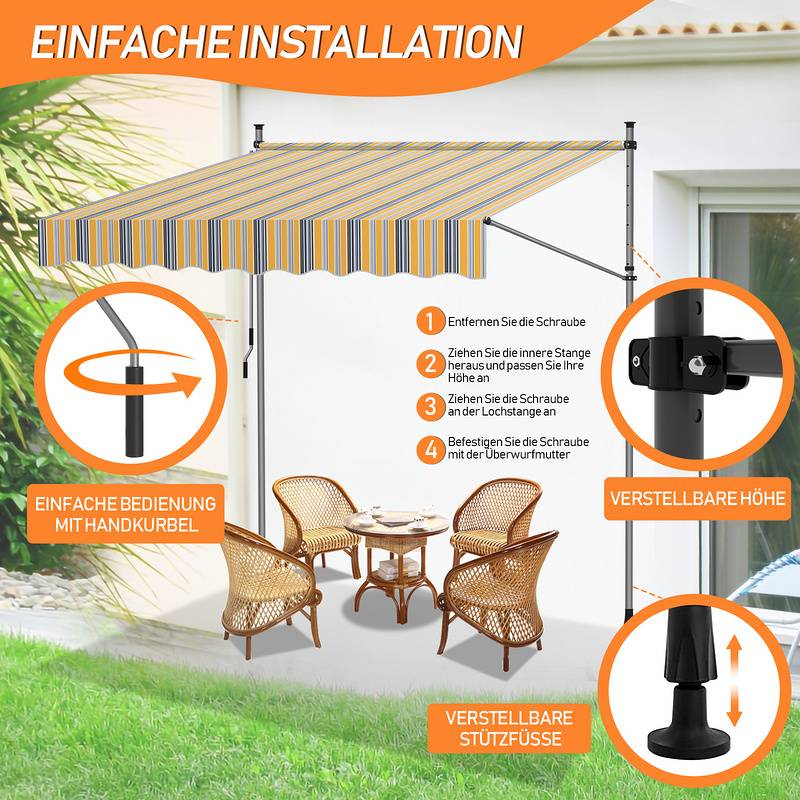 Markise Handkurbel Klemmmarkise Sonnenschutz Fenstermarkise Sonnenmarkise Einziehbare Wasserabweisend Markisen Gelb und Blau 4M