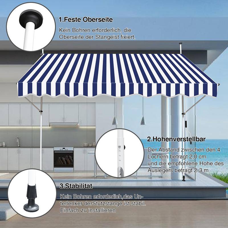Markise Klemmmarkise Höhenverstellbare Balkonmarkise Sonnenschutz Markise ohne Bohren für Terrasse Balkon 400cm Weiß Blau