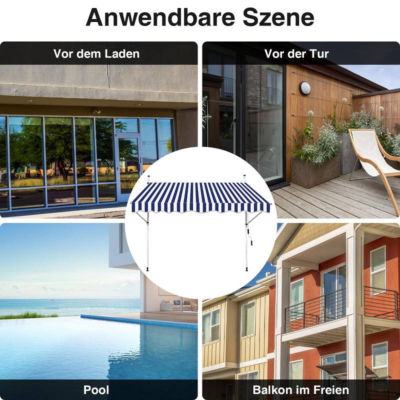 Markise Handkurbel Klemmmarkise Sonnenschutz Fenstermarkise Sonnenmarkise Einziehbare Wasserabweisend Markisen Blau und Weiß 2M