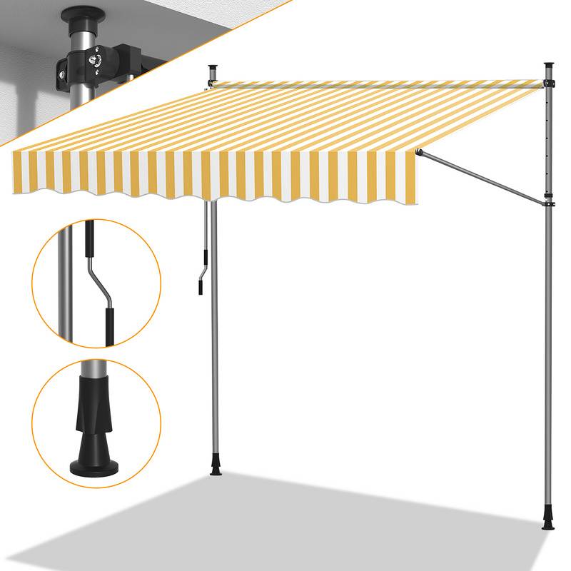 Klemmmarkise 300x120cm Markise Höhenverstellbare Balkonmarkise mit Handkurbel Sonnenschutz ohne Bohren für Terrasse und Balkon Gelb Weiß