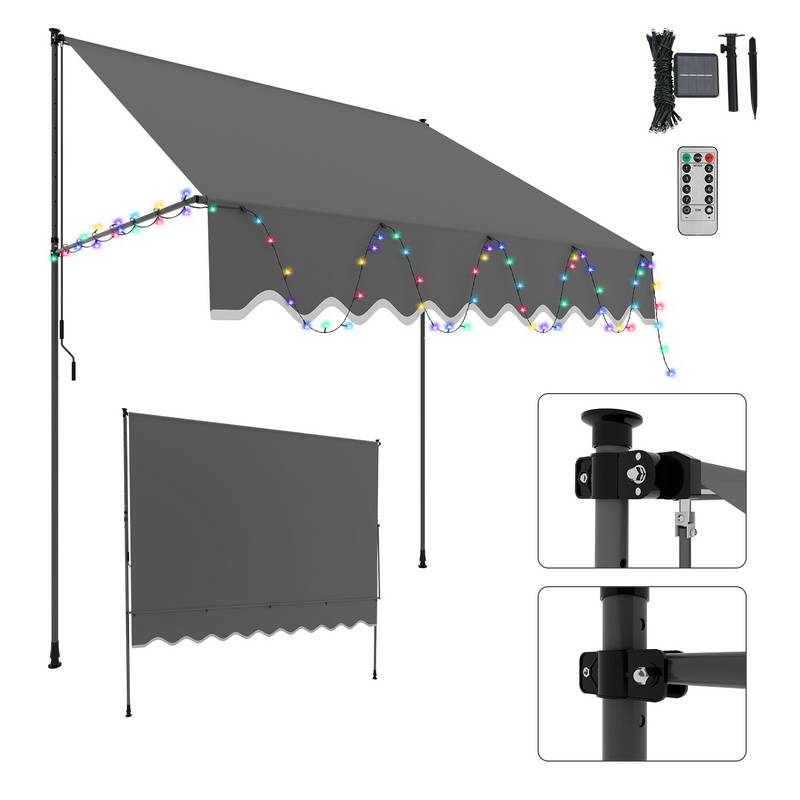 Markise Handkurbel Klemmmarkise Sonnenschutz Fenstermarkise Sonnenmarkise Einziehbare Wasserabweisend Markisen mit LED Grau 2M