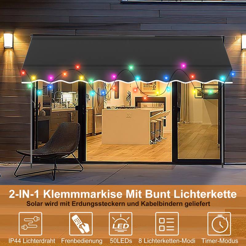 Klemmmarkise mit LED 250x120cm Markise Höhenverstellbare Balkonmarkise mit Handkurbel Sonnenschutz ohne Bohren für Terrasse und Balkon Grau