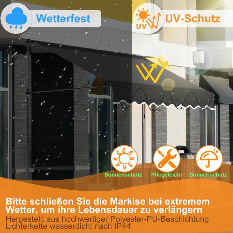 Markise Handkurbel Klemmmarkise Sonnenschutz Fenstermarkise Sonnenmarkise Einziehbare Wasserabweisend mit LED Markisen Grau 3M