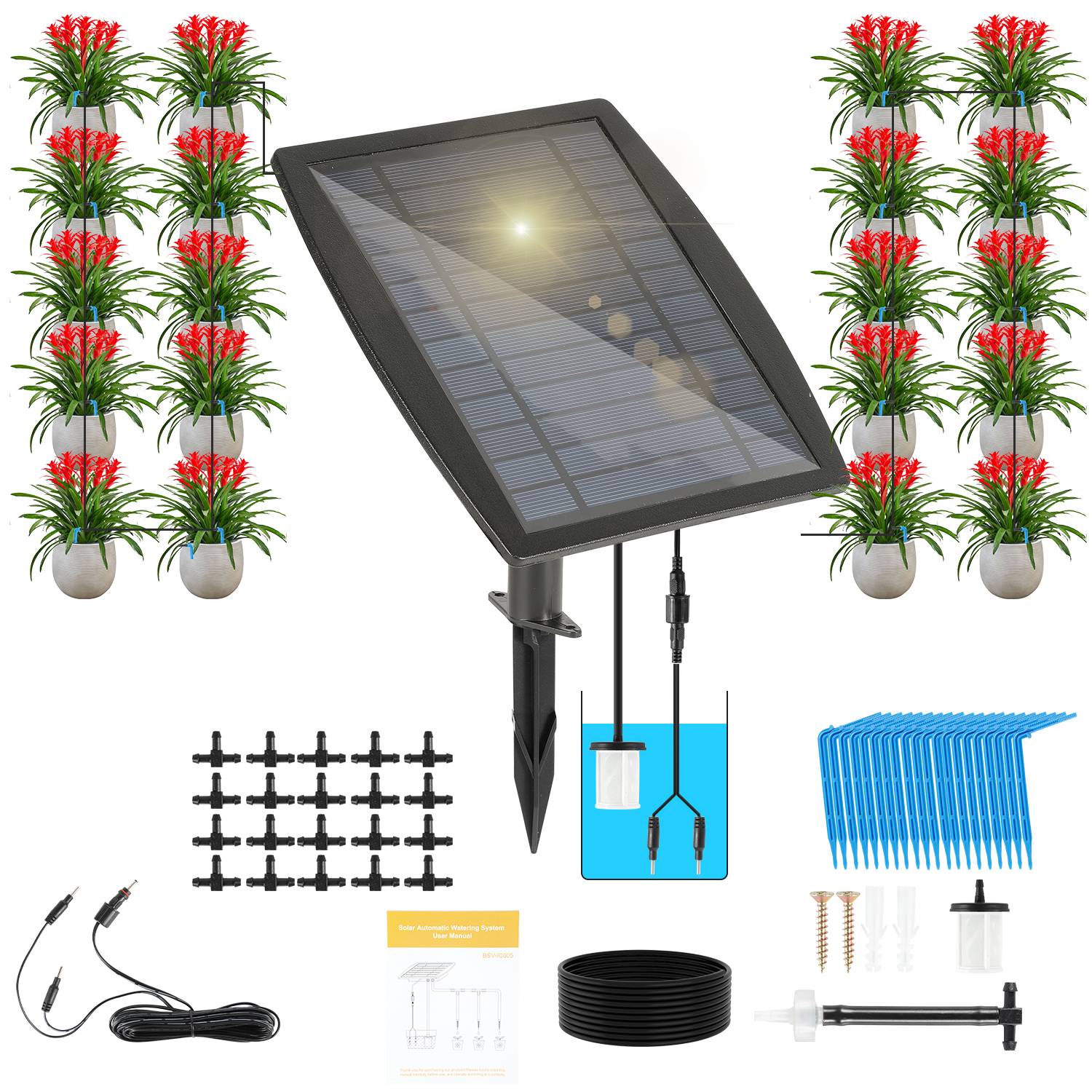 Solar Bewässerungssystem Tröpfchenbewässerung system Automatische Bewässerungssystem Pflanzenbewässerung mit 12 Timer-Modi +20M Schlauch für Gar