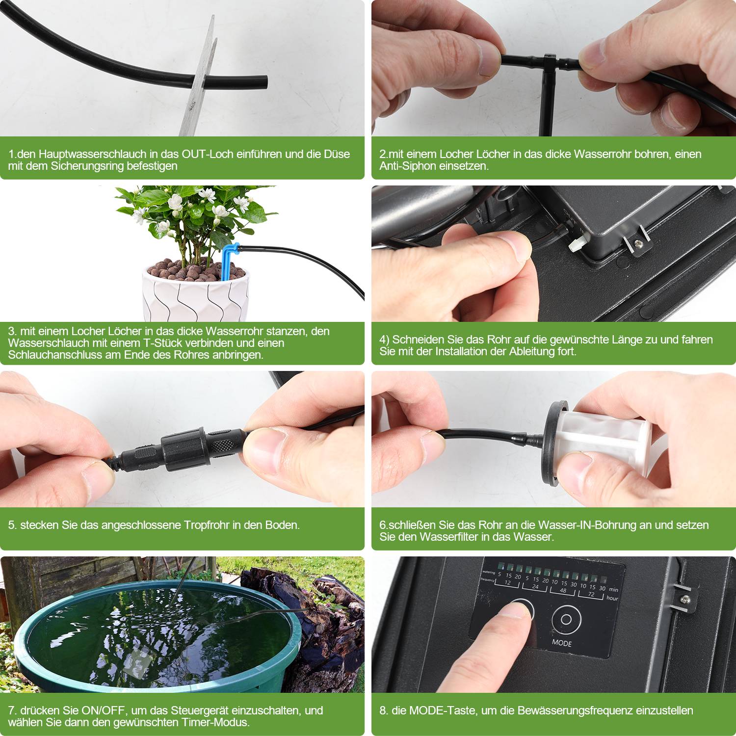 Solar Bewässerungssystem Bewässerungssystem mit 12 Timer-Modi+20m Schlauch für Garten Balkon Pflanzen