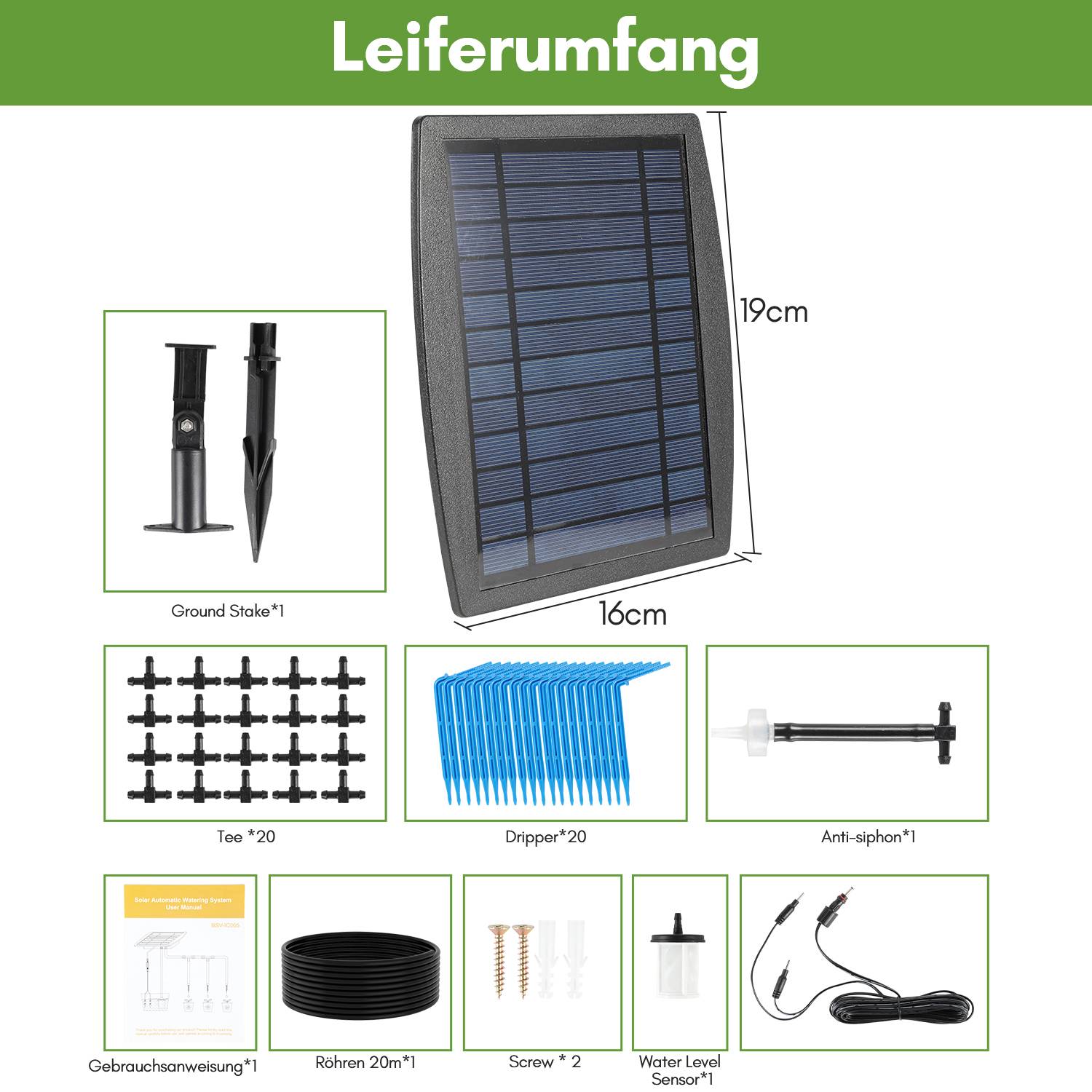 Solar Bewässerungssystem Tröpfchenbewässerung system mit 12 Timer-Modi+20M Schlauch für Garten Balkon Pflanzen