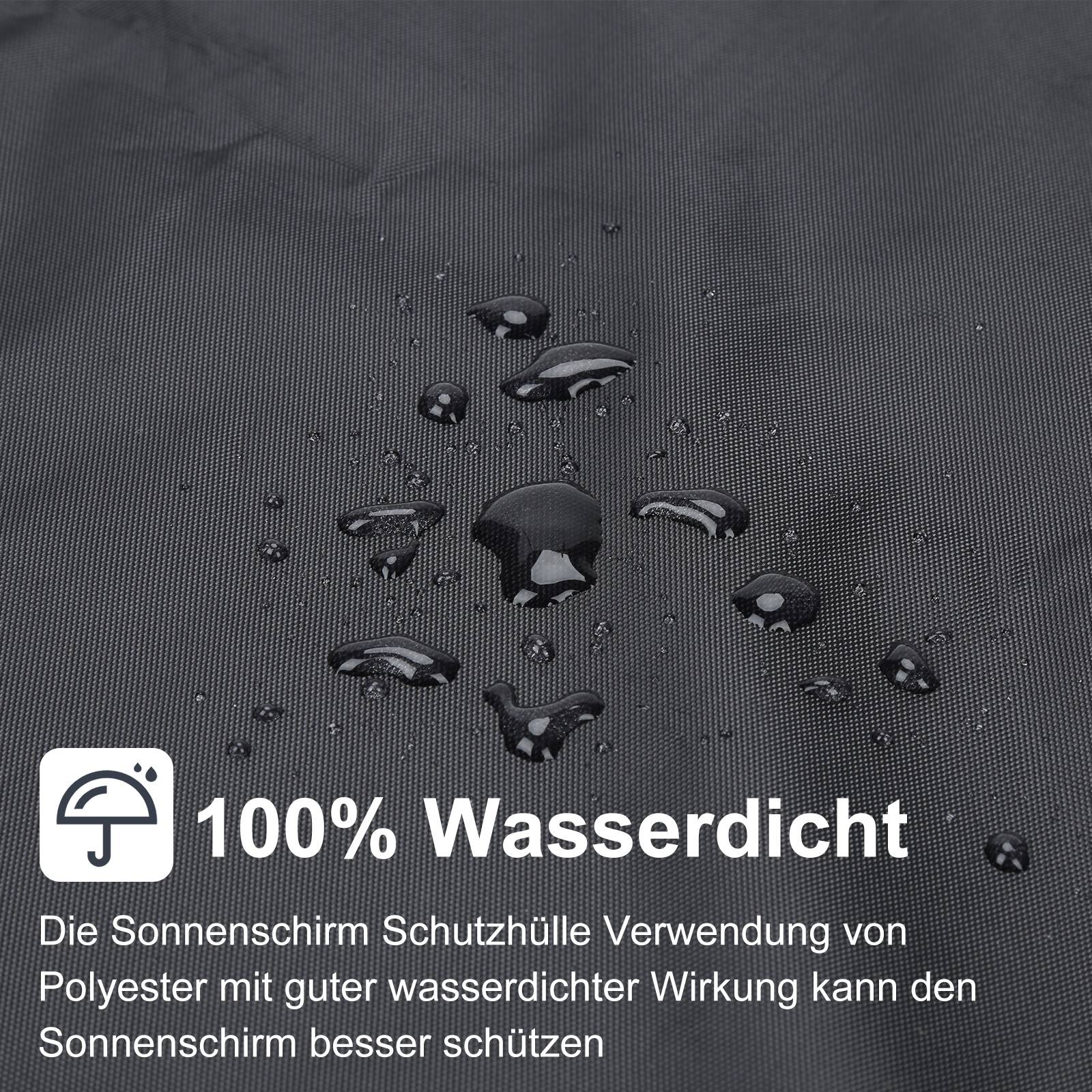 Wassertropfen perlen auf einem dunklen Schirmbezug ab, auf dem deutscher Text '100% Wasserdicht' steht und erklärt, dass der Polyesterbezug den Schirm vor Wasser schützt.
