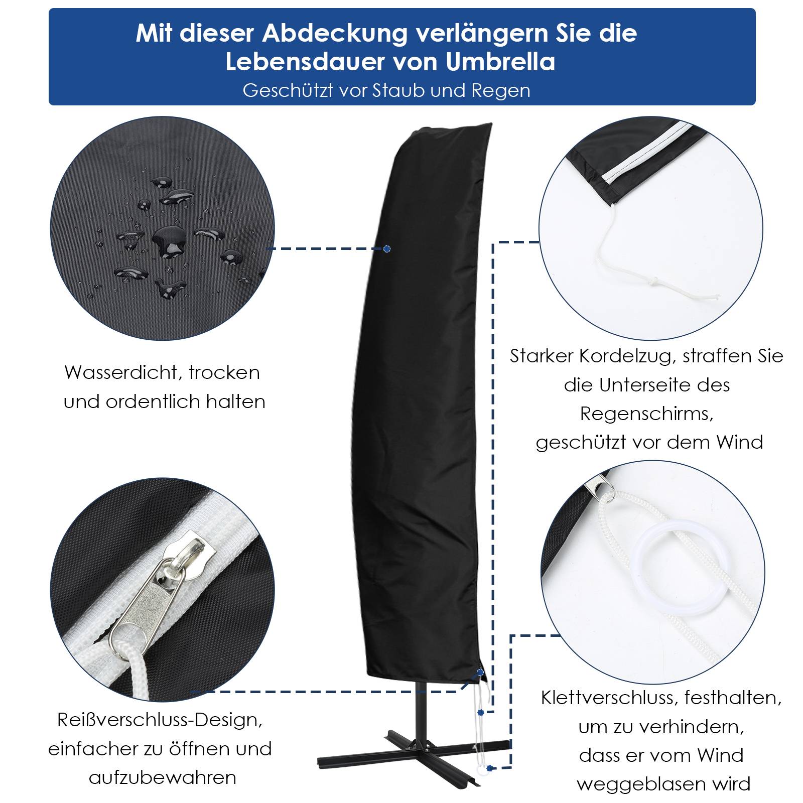 Sonnenschirm Schutzhülle mit Stab Winterfest für 2-4M Gartenschirm Größe 265cm Ampelschirm Abdeckung Abdeckhaube Hülle Plane Schirmhülle Schwarz