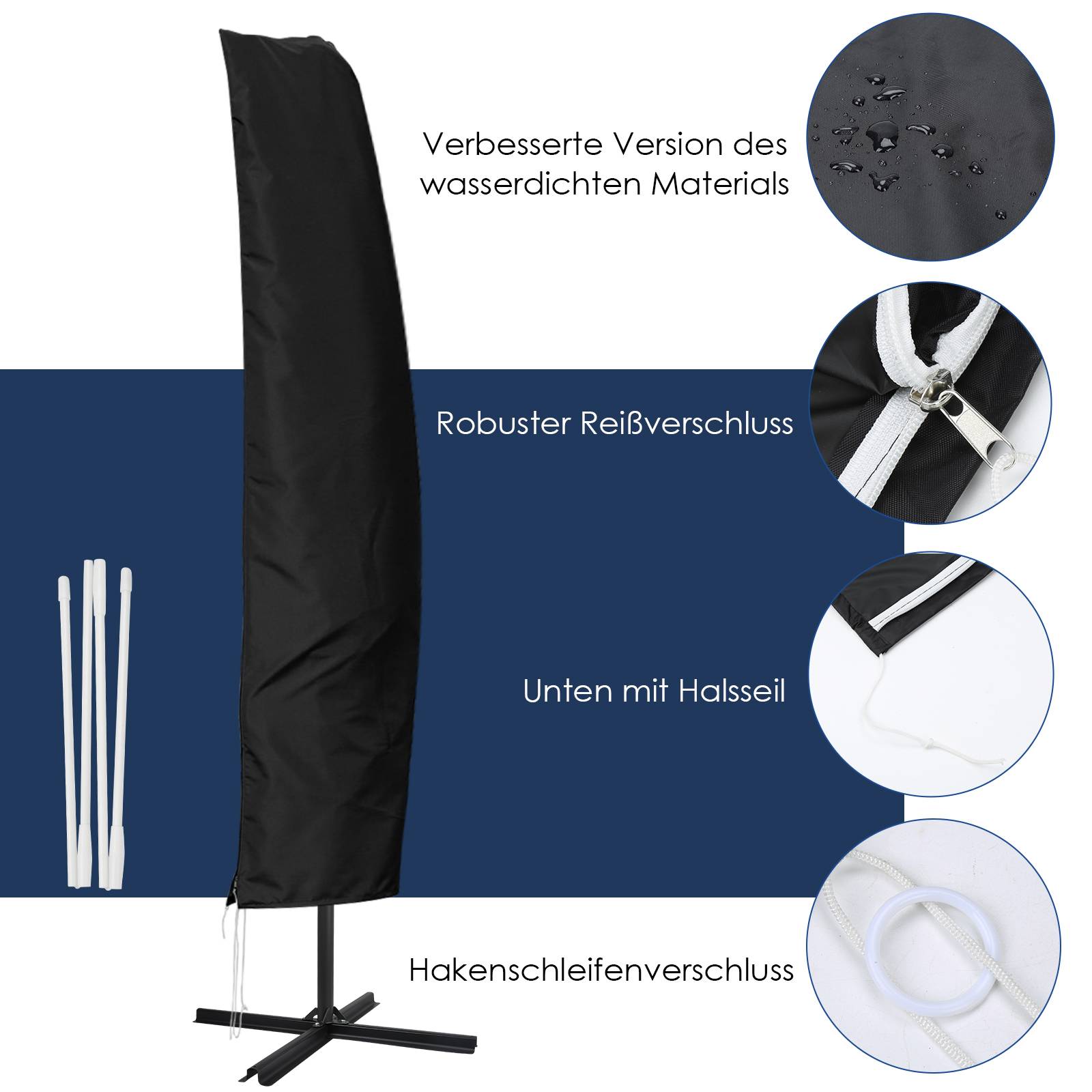 Sonnenschirm Schutzhülle mit Stab Winterfest für 2-4M Gartenschirm Größe 265cm Ampelschirm Abdeckung Abdeckhaube Hülle Plane Schirmhülle Schwarz