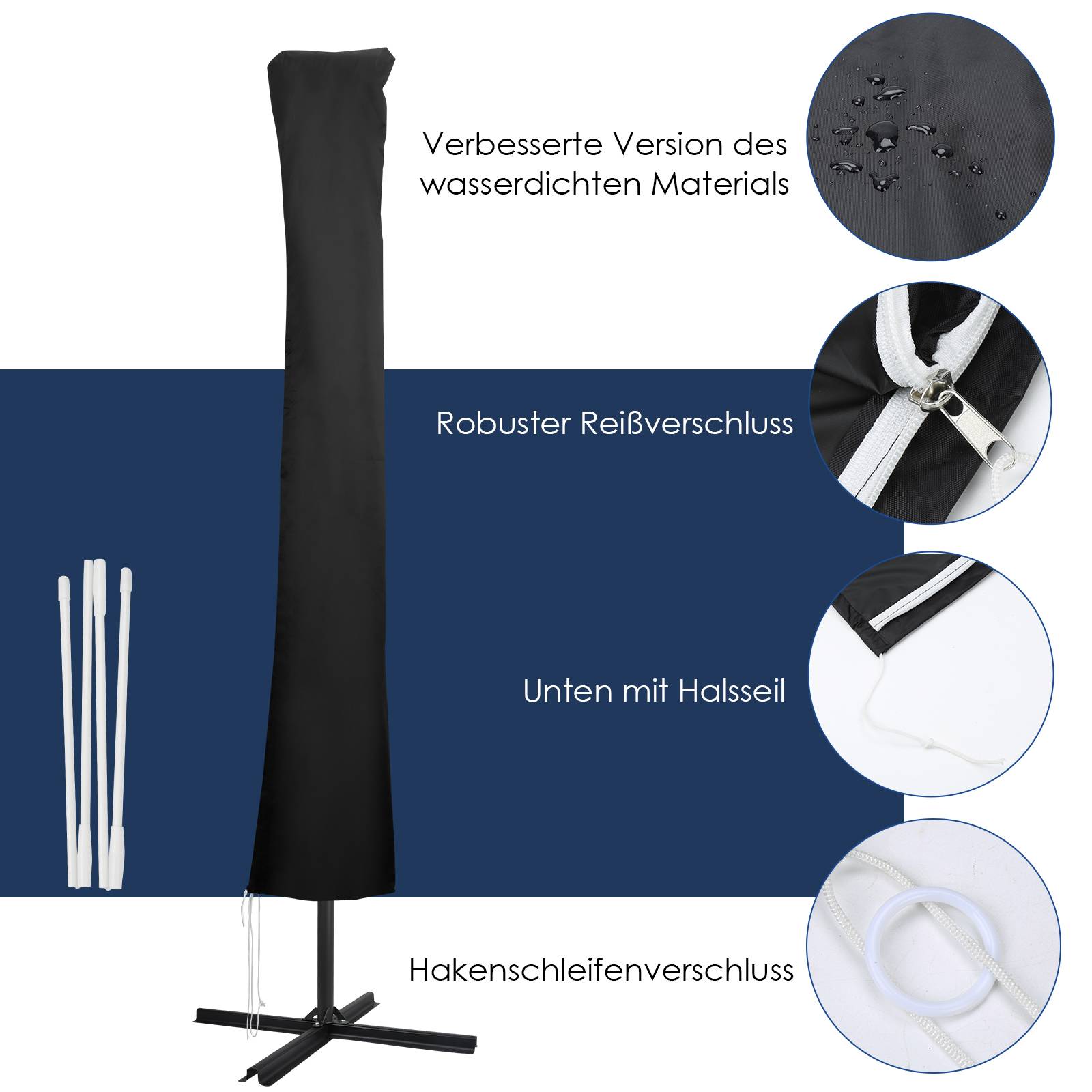 Sonnenschirm Schutzhülle mit Stab Winterfest für 1-3M Gartenschirm Größe 190cm Ampelschirm Abdeckung Abdeckhaube Hülle Plane Schirmhülle Schwarz