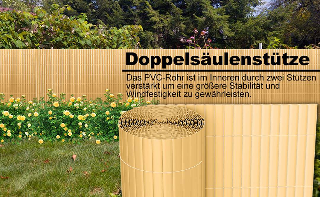 Produktgrafik eines Doppelsäulenstützsystems, gekennzeichnet mit „Doppelsäulenstütze", zeigt ein PVC-Rohr, das innen durch zwei Stützen verstärkt ist, um größere Stabilität und Windwiderstand zu bieten.