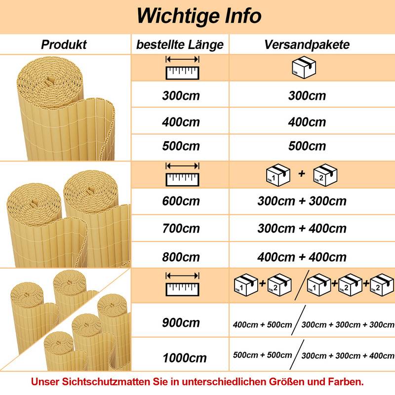 PVC Sichtschutzmatte Sichtschutzzaun Balkon Windschutz Sichtschutz für Zaun Bambus 90x800cm