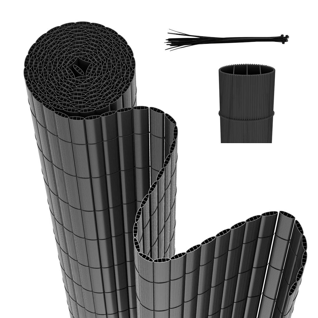 Rolle aus schwarzem wellpappe-Schutzgeflecht mit Kabelbinder, plus ein kurz abgeschnittenes Stück und eine Nahaufnahme der Röffnung.
