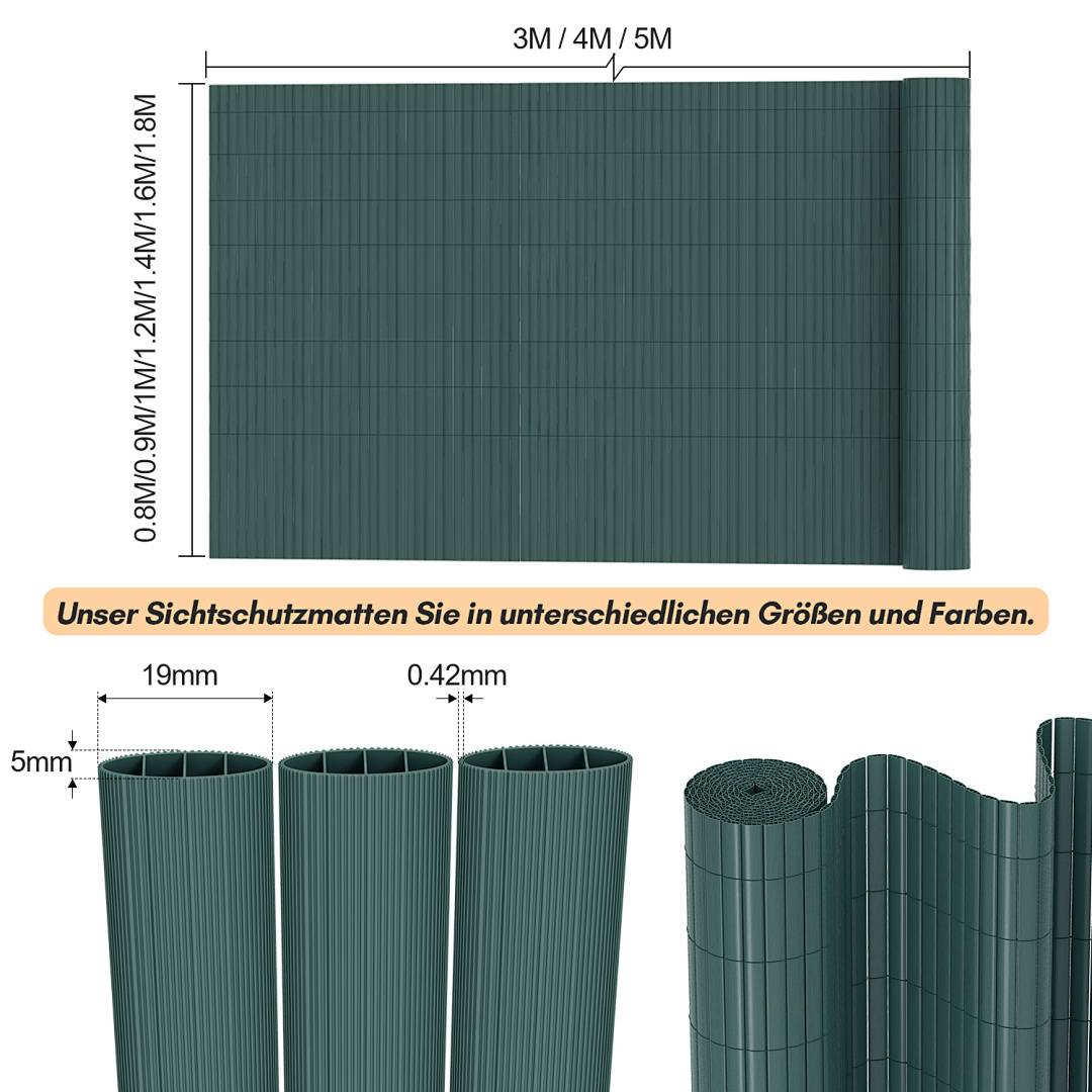 PVC Sichtschutzmatte Balkon &amp; Zaun – Wetterfester Sichtschutzzaun für Zaun, Windschutz, Zuschneidbar Grün 90x900cm