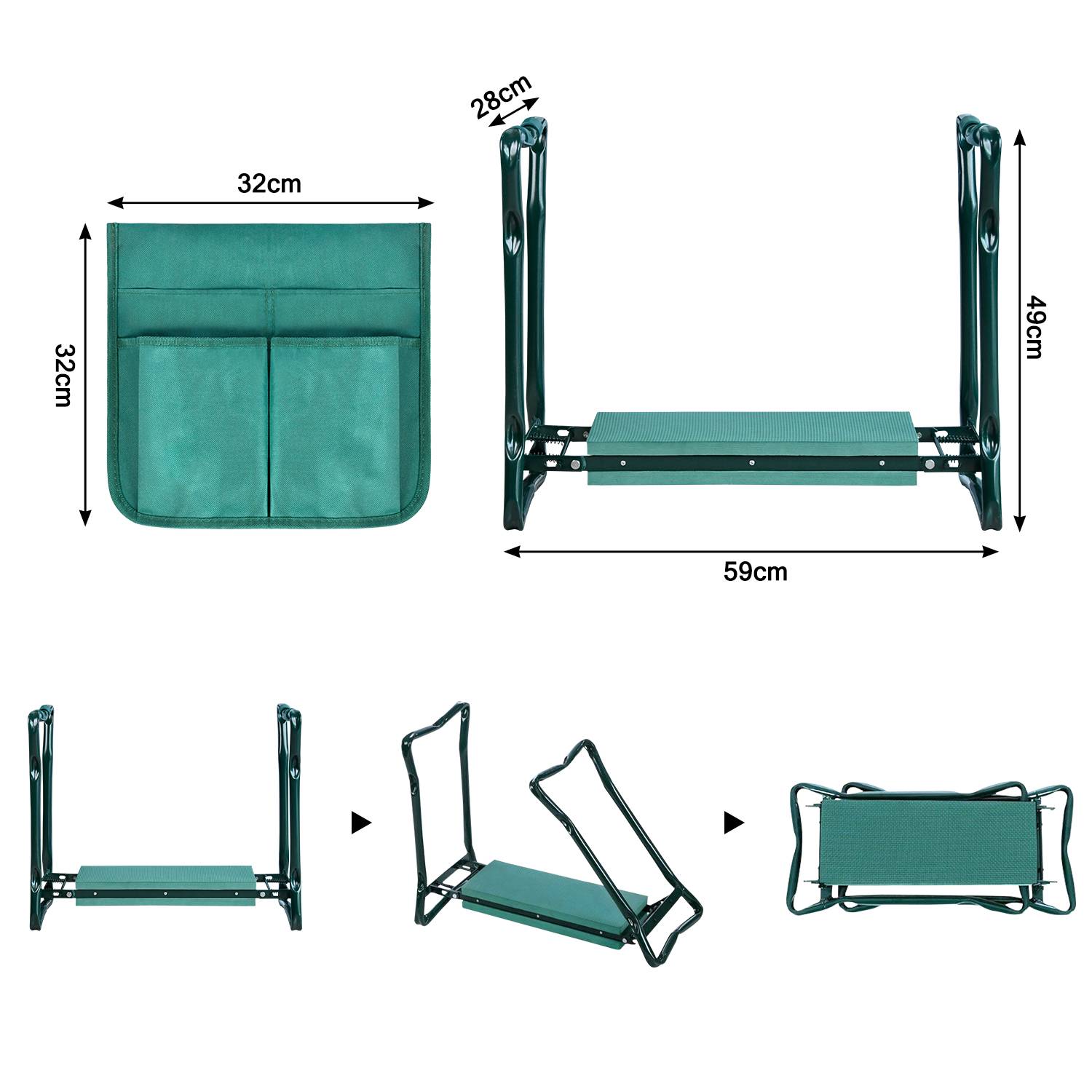 Klappbare 2 in 1 Kniebank mit Taschen als Hocker oder Kniekissen für Gartenarbeit bis 150kg Grün